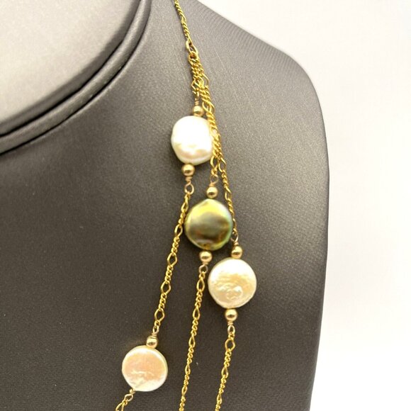 18k GF Natural Coin Pearl Necklace Triple Strand With Pierced Earrings Set 16" - Picture 2 of 11